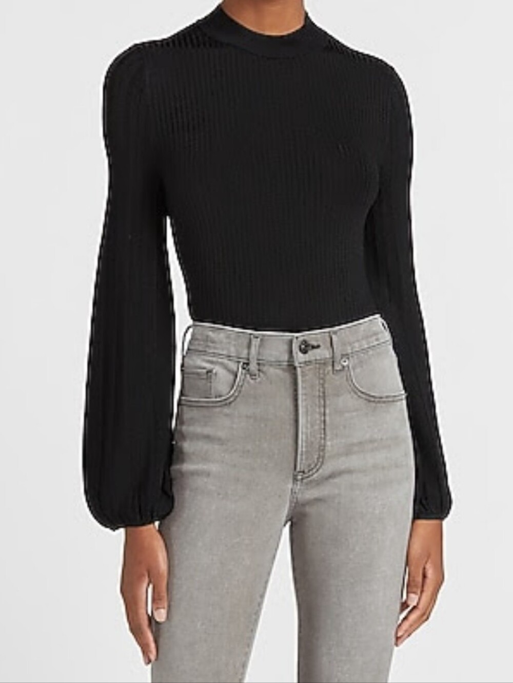 Express Black Fitted Ribbed Balloon Sleeve Sweater